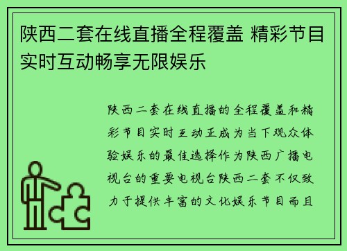 陕西二套在线直播全程覆盖 精彩节目实时互动畅享无限娱乐