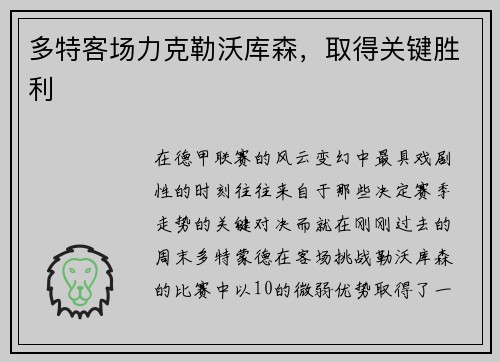 多特客场力克勒沃库森，取得关键胜利