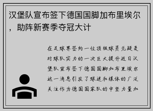 汉堡队宣布签下德国国脚加布里埃尔，助阵新赛季夺冠大计