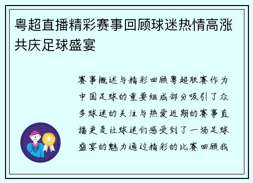 粤超直播精彩赛事回顾球迷热情高涨共庆足球盛宴