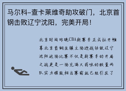马尔科-查卡莱维奇助攻破门，北京首钢击败辽宁沈阳，完美开局！