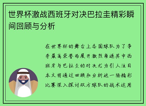 世界杯激战西班牙对决巴拉圭精彩瞬间回顾与分析